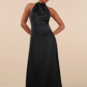 Lulus Regal Loveliness Black Satin Pleated Mock Neck Maxi Dress - Size L